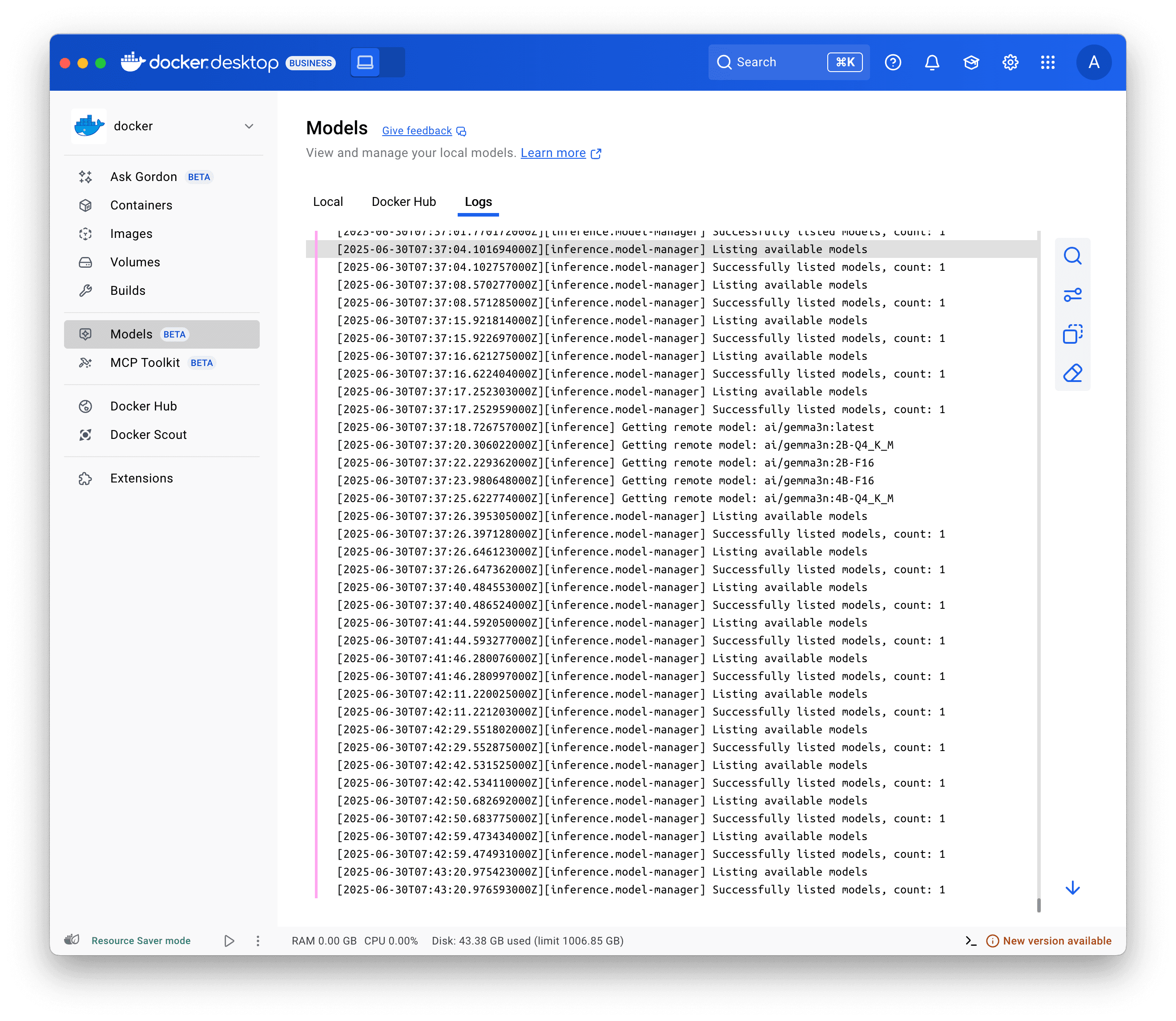 Docker Model Runner ログ