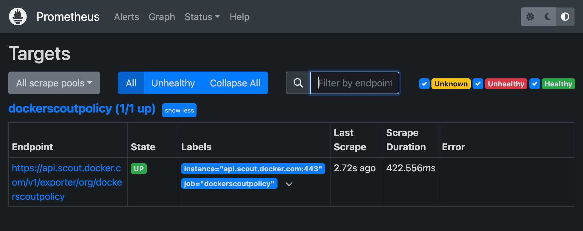 Docker Scout メトリクスエクスポーターの Prometheus ターゲット